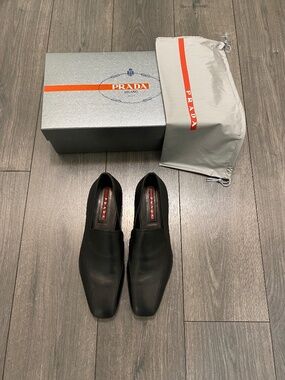 Prada Linea Rossa Black Leather Rubber Sole Slip On Loafers Size 11